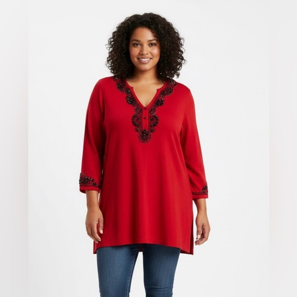 Victor Costa Occasion Red/Black Decorated with Beads V-Neck Sweater, Size Large